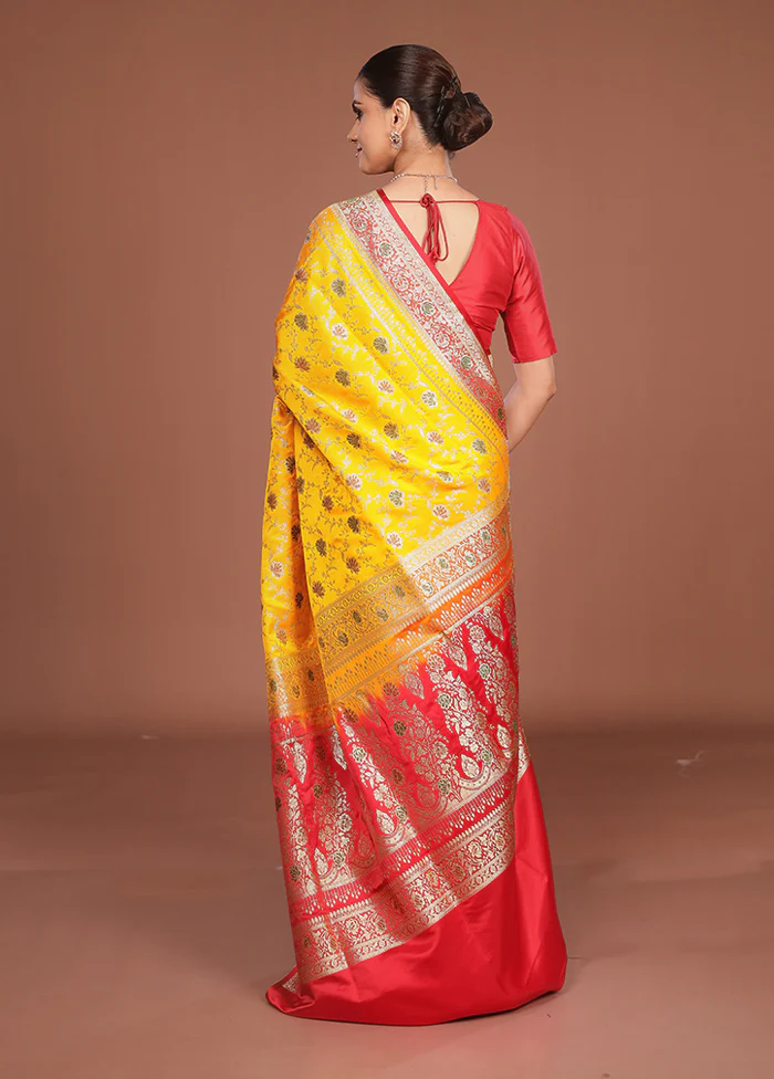 Yellow Banarasi Silk Saree With Blouse Piece - Image 3