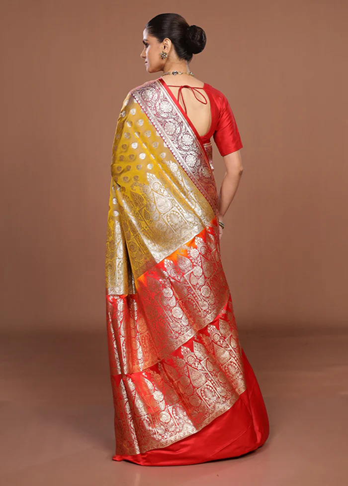 Yellow Banarasi Silk Saree With Blouse Piece - Image 3