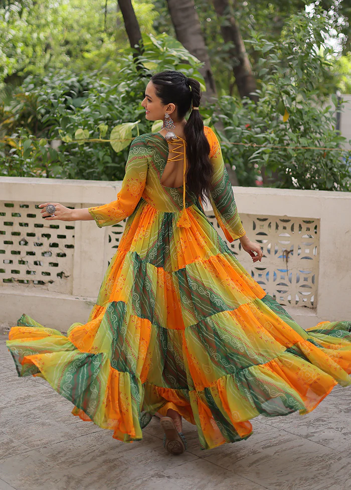 Yellow Bandhani Printed Work Georgette Gown - Image 3