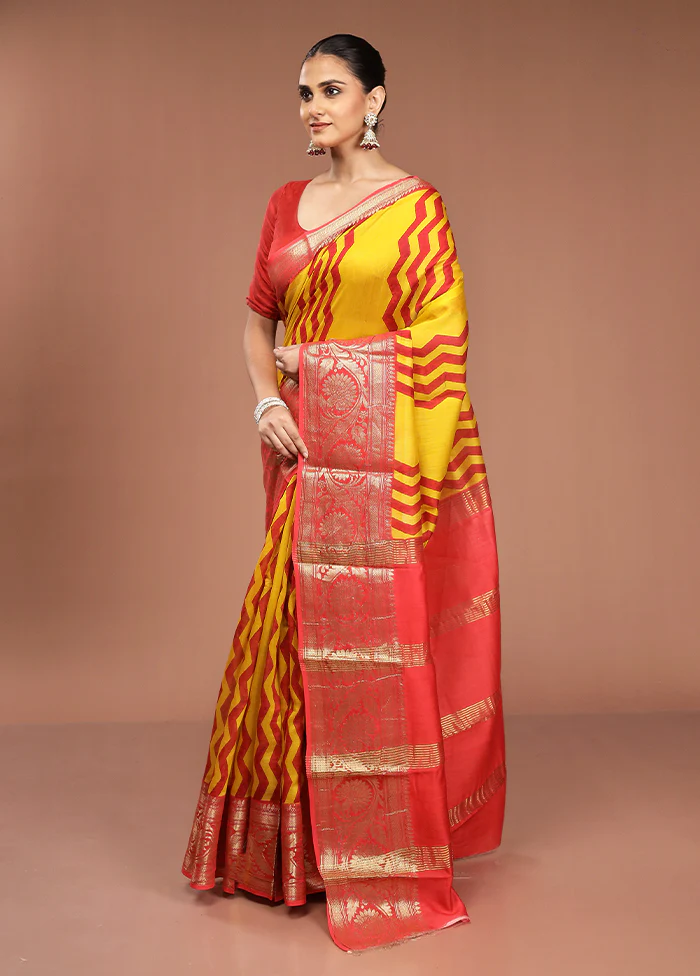 Yellow Chanderi Cotton Saree With Blouse Piece - Image 4