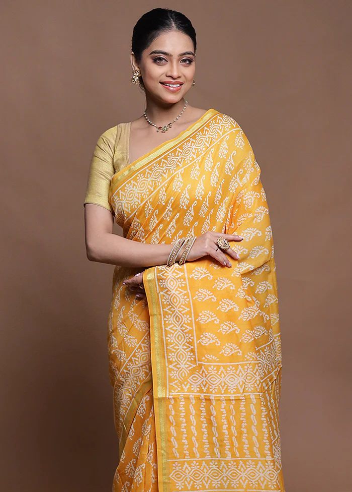 Yellow Chanderi Cotton Saree With Blouse Piece - Image 2