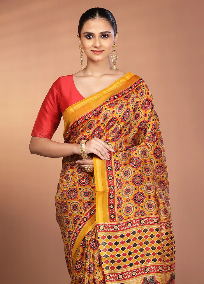 Yellow Chanderi Cotton Saree With Blouse Piece