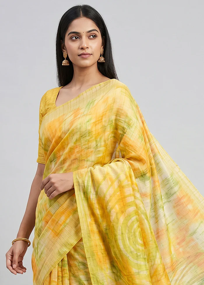 Yellow Chiffon Silk Saree With Blouse Piece - Image 2