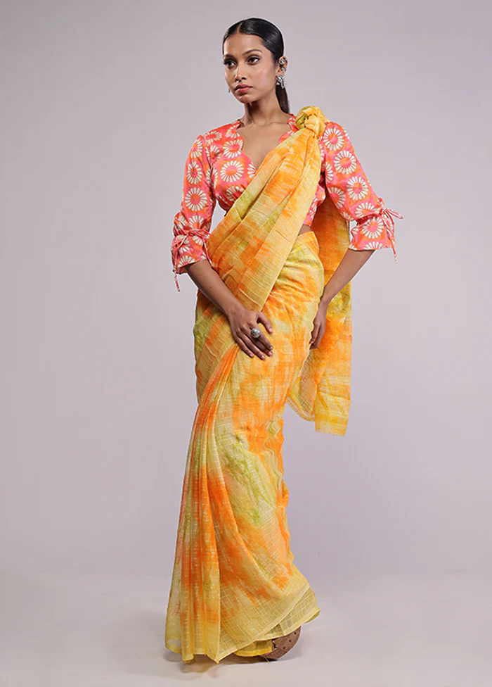 Yellow Chiffon Silk Saree With Blouse Piece - Image 2