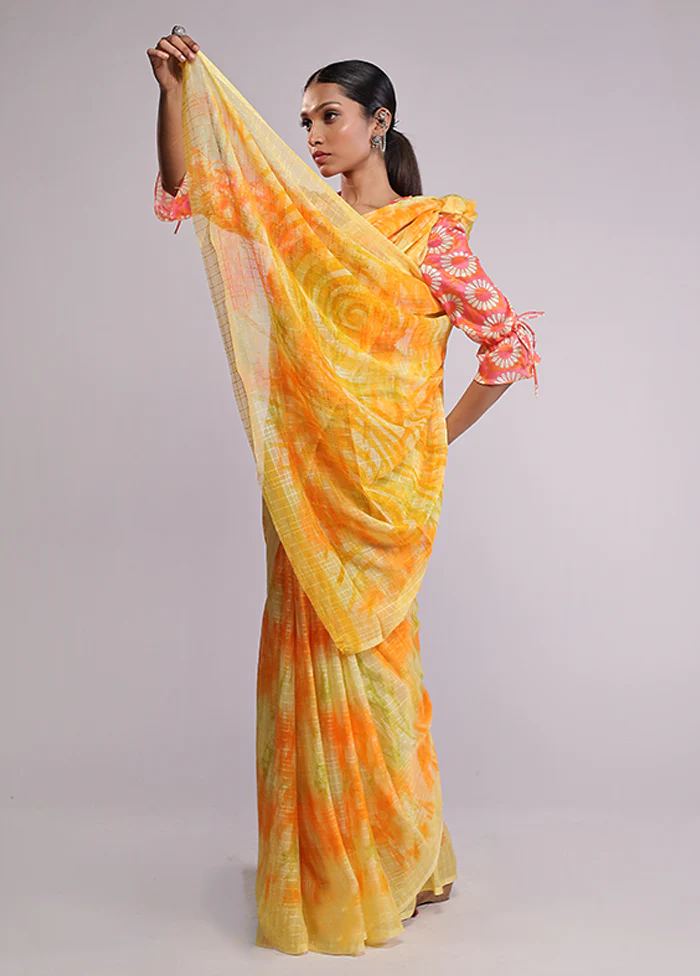 Yellow Chiffon Silk Saree With Blouse Piece - Image 4