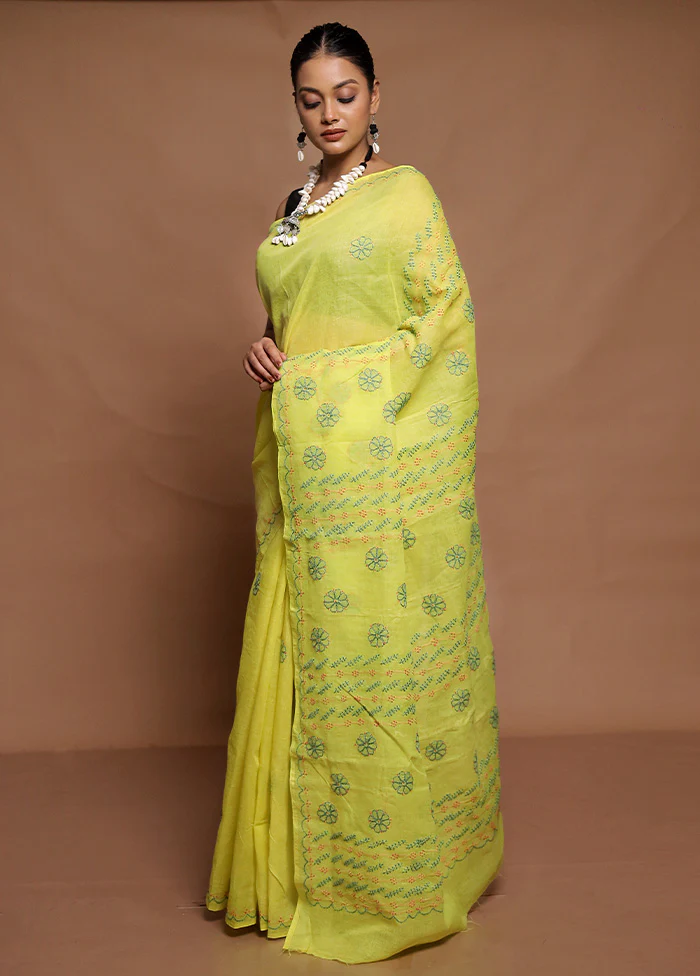 Yellow Chikankari Saree With Blouse Piece - Image 4