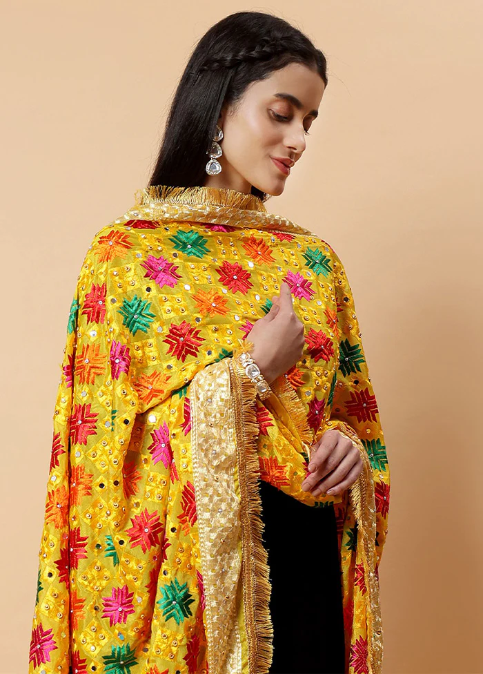 Yellow Chinon Phulkari Work Dupatta - Image 2