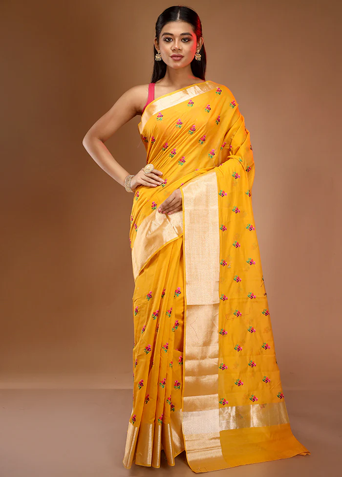 Yellow Cotton Embroidered Saree With Blouse Piece