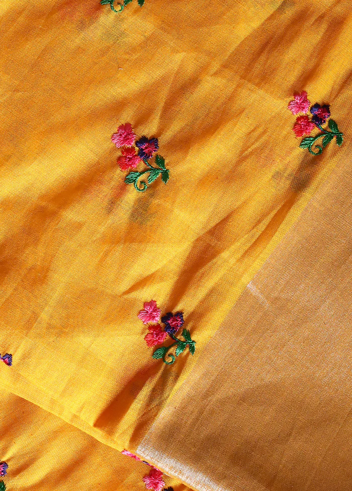 Yellow Cotton Embroidered Saree With Blouse Piece - Image 5