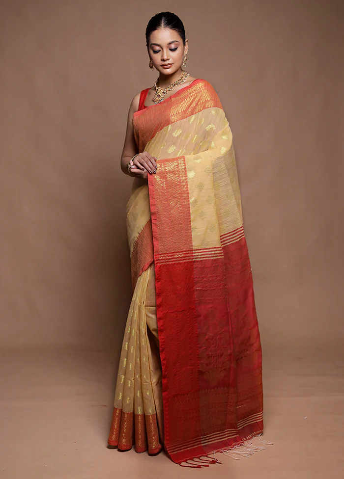 Yellow Cotton Saree With Blouse Piece - Image 4
