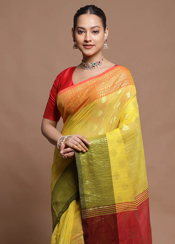 Yellow Cotton Saree With Blouse Piece - Image 2