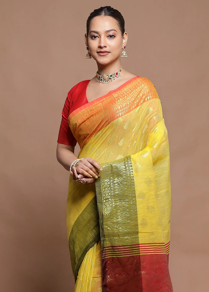 Yellow Cotton Saree With Blouse Piece - Image 2