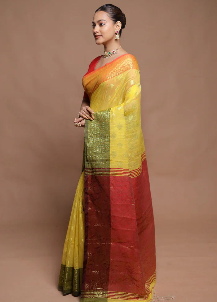 Yellow Cotton Saree With Blouse Piece - Image 4