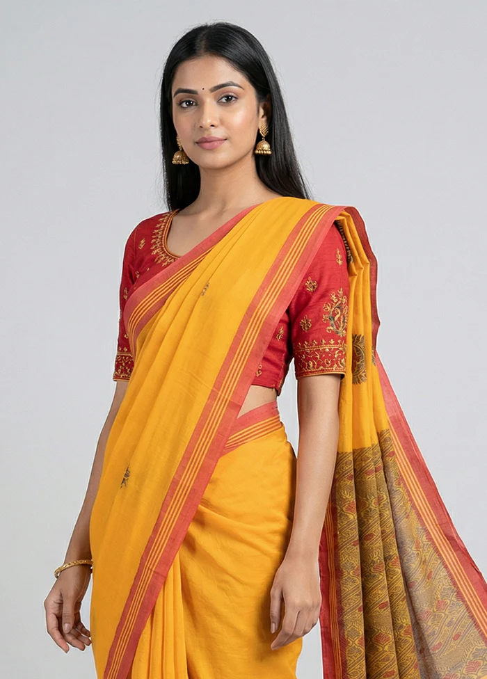 Yellow Cotton Saree With Blouse Piece - Image 2