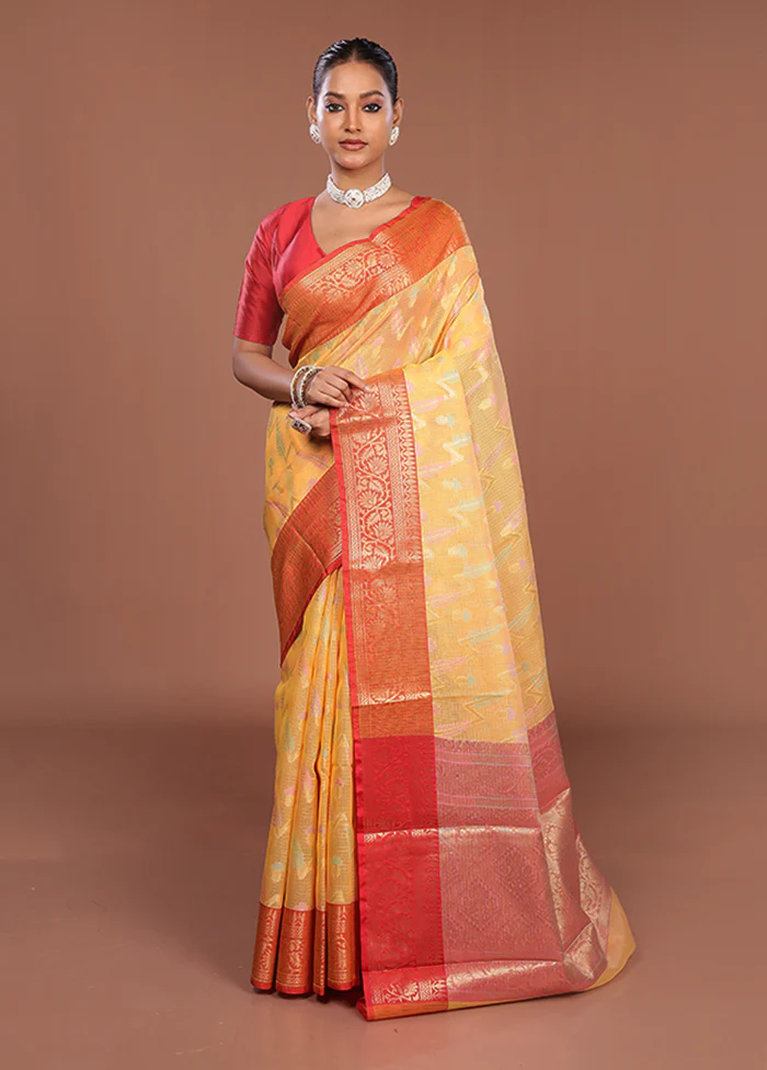 Yellow Cotton Saree With Blouse Piece - Image 2
