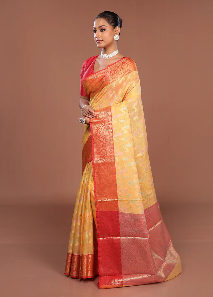 Yellow Cotton Saree With Blouse Piece - Image 4