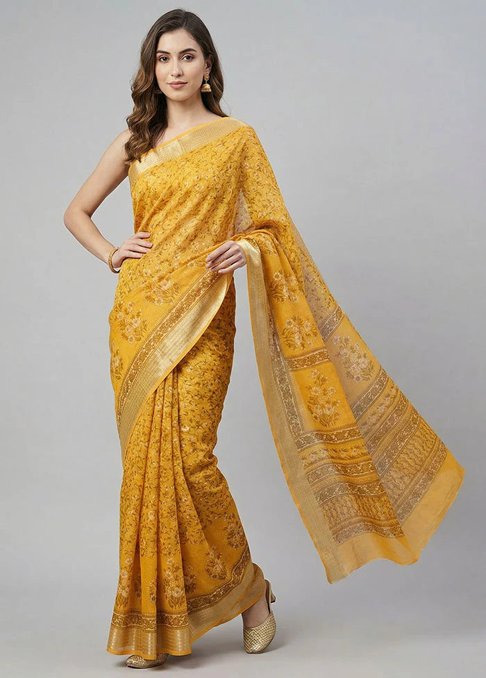 Yellow Cotton Saree With Blouse Piece