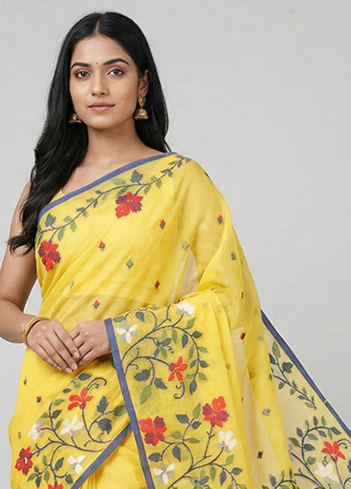 Yellow Cotton Saree With Blouse Piece - Image 2