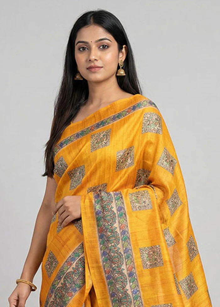 Yellow Cotton Saree With Blouse Piece - Image 2