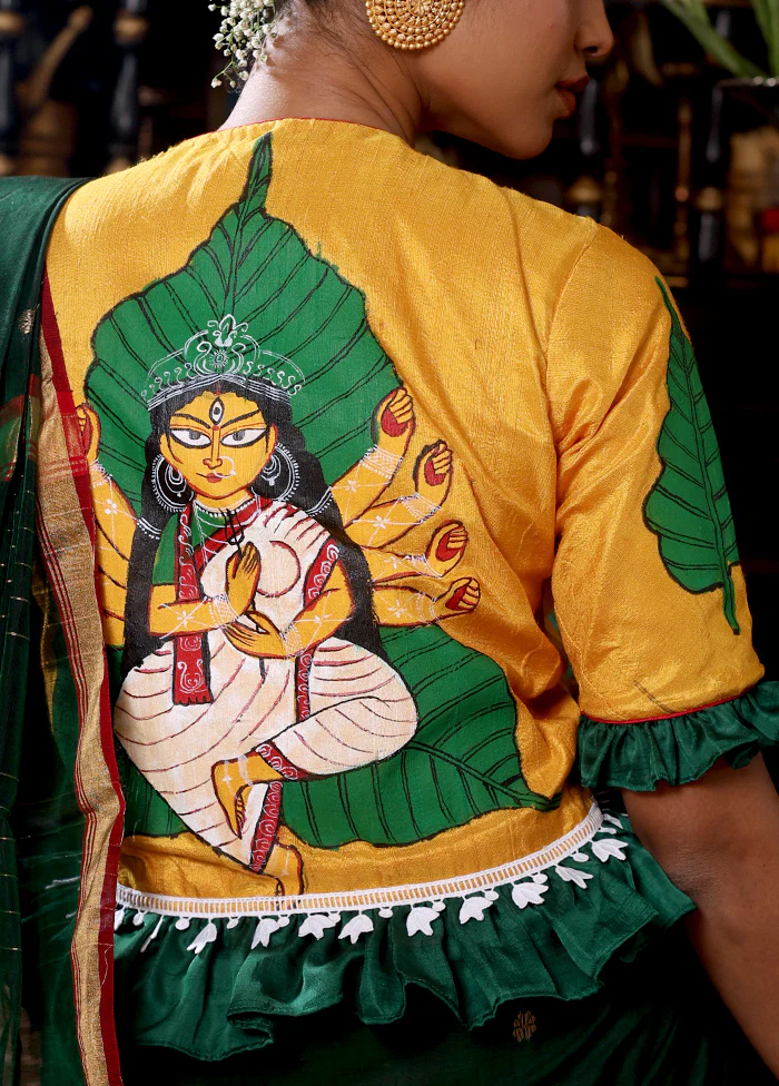 Yellow Durga Maa Hand Painted Designer Blouse - Image 4
