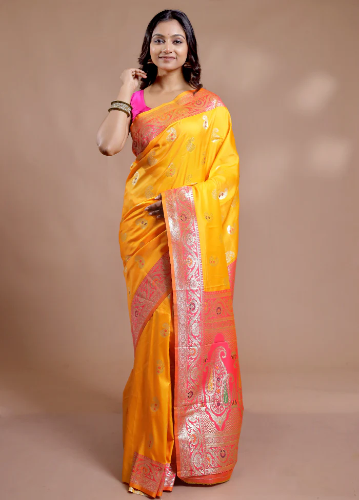 Yellow Dupion Silk Saree With Blouse Piece - Image 3