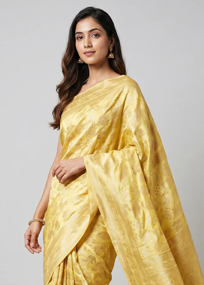Yellow Dupion Silk Saree With Blouse Piece - Image 2