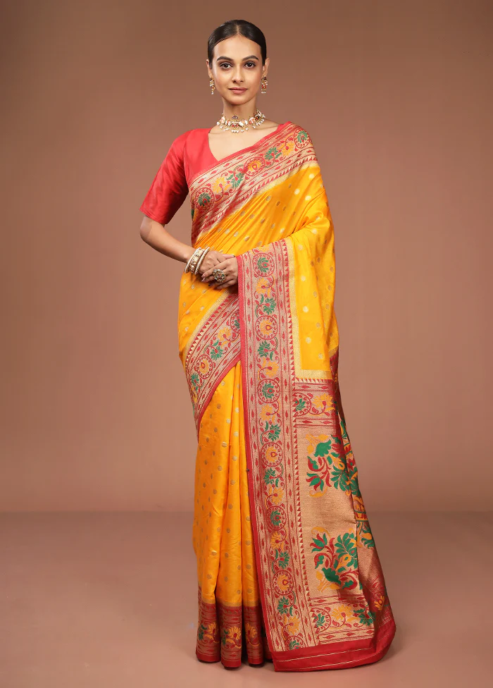 Yellow Dupion Silk Saree With Blouse Piece - Image 2