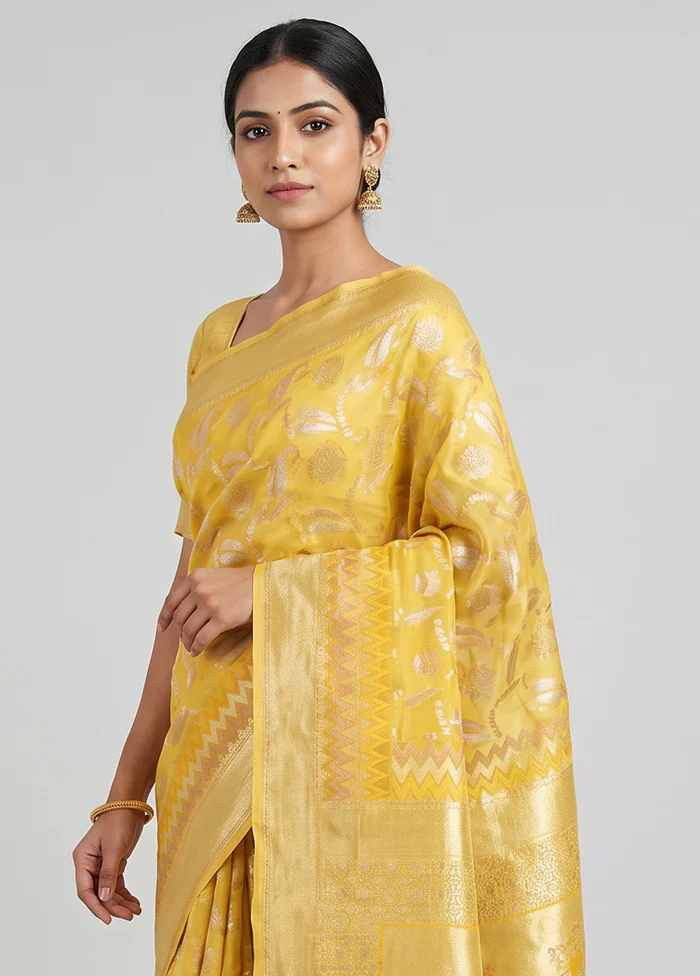 Yellow Dupion Silk Saree With Blouse Piece - Image 2