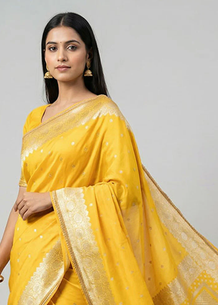Yellow Dupion Silk Saree With Blouse Piece - Image 2