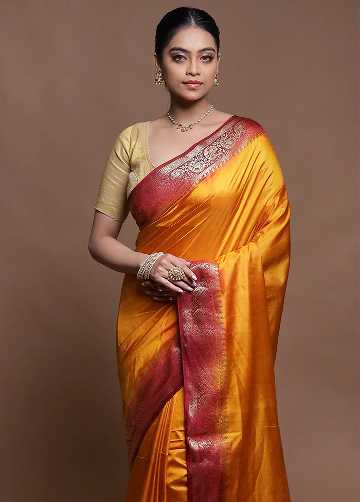 Yellow Dupion Silk Saree With Blouse Piece - Image 2