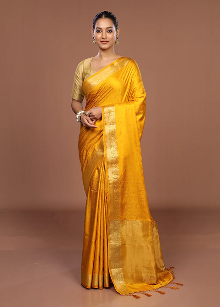 Yellow Dupion Silk Saree With Blouse Piece - Image 2