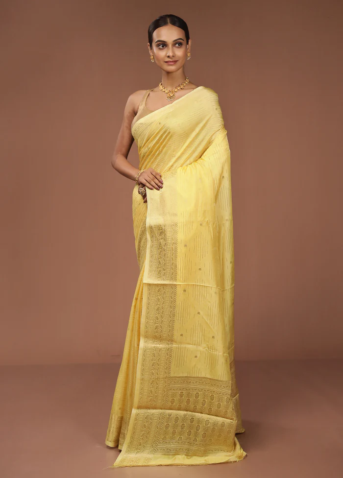 Yellow Dupion Silk Saree With Blouse Piece - Image 4