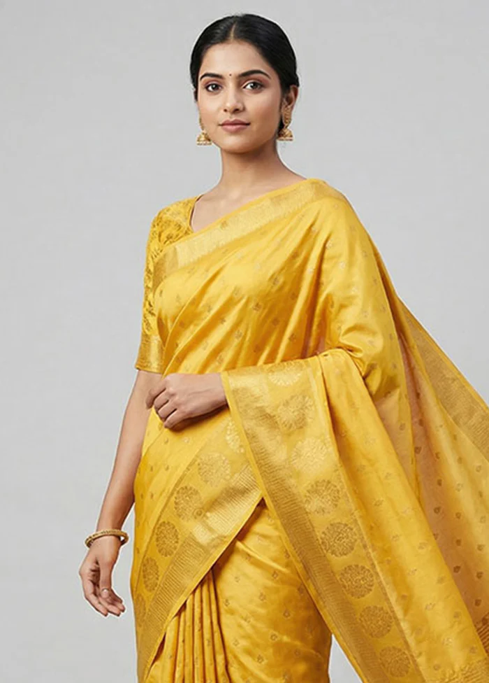 Yellow Dupion Silk Saree With Blouse Piece - Image 2