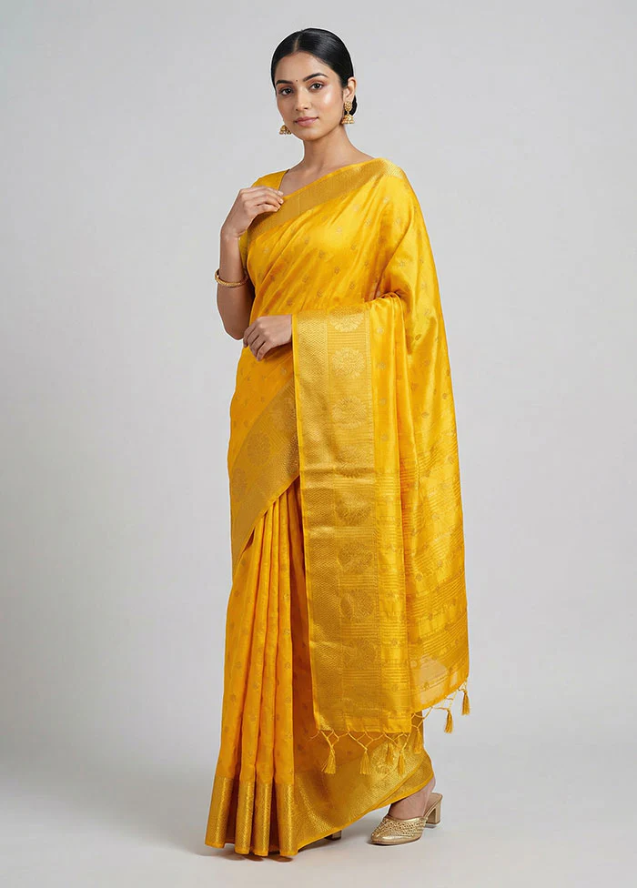 Yellow Dupion Silk Saree With Blouse Piece
