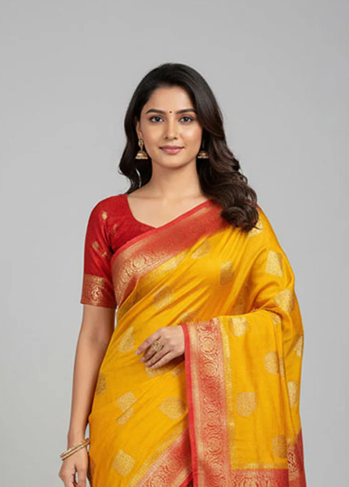Yellow Dupion Silk Saree With Blouse Piece - Image 2