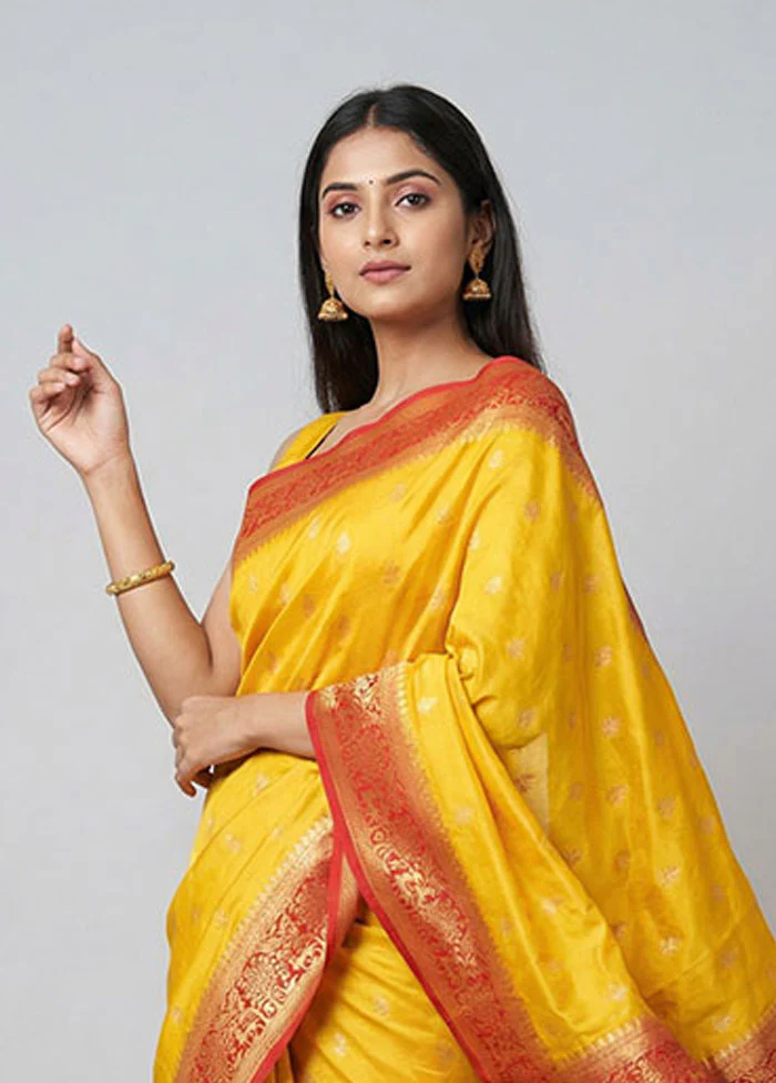 Yellow Dupion Silk Saree With Blouse Piece - Image 2