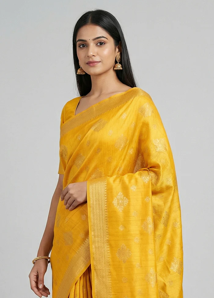 Yellow Dupion Silk Saree With Blouse Piece - Image 2
