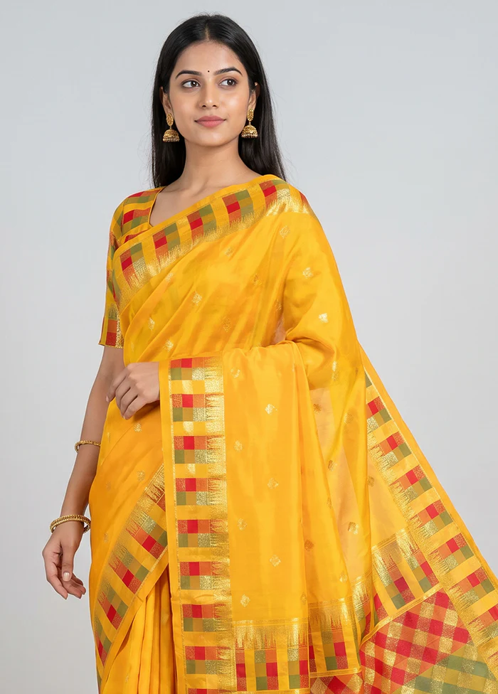 Yellow Dupion Silk Saree With Blouse Piece - Image 2