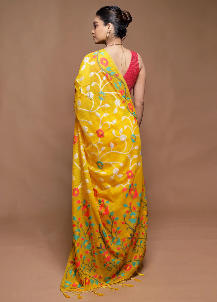 Yellow Dupion Silk Saree With Blouse Piece - Image 3