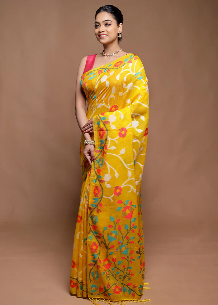 Yellow Dupion Silk Saree With Blouse Piece - Image 4