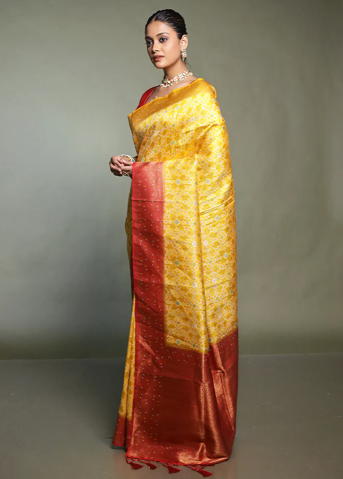 Yellow Dupion Silk Saree With Blouse Piece - Image 4