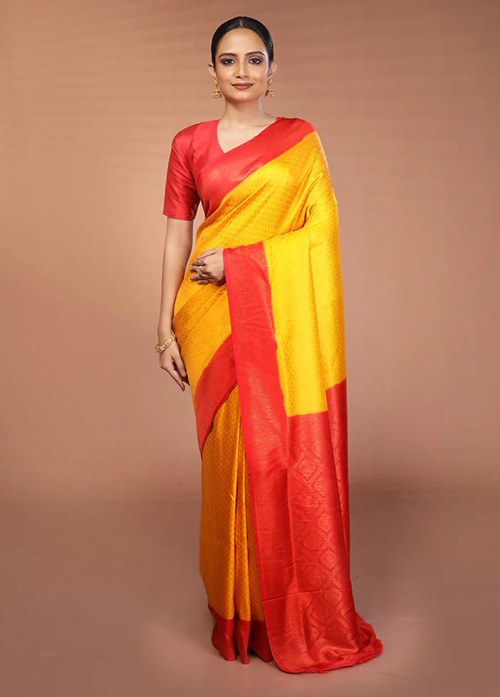 Yellow Dupion Silk Saree With Blouse Piece - Image 2