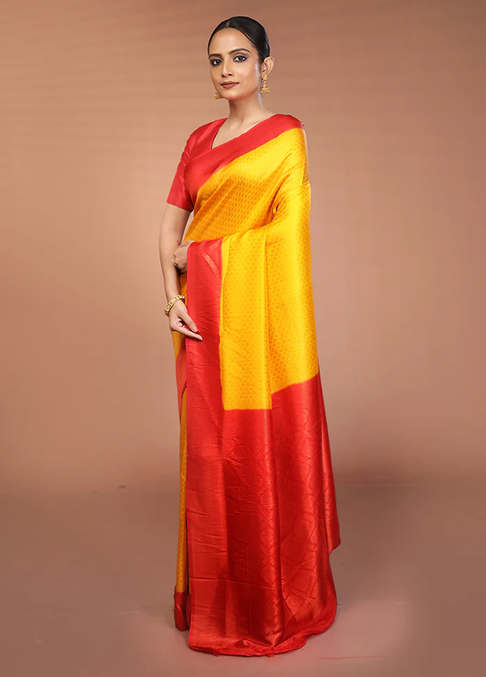 Yellow Dupion Silk Saree With Blouse Piece - Image 4