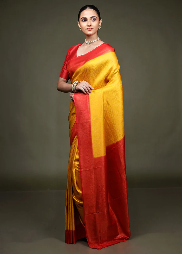Yellow Dupion Silk Saree With Blouse Piece - Image 4