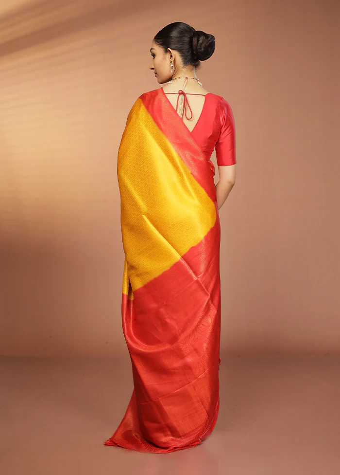 Yellow Dupion Silk Saree With Blouse Piece - Image 3