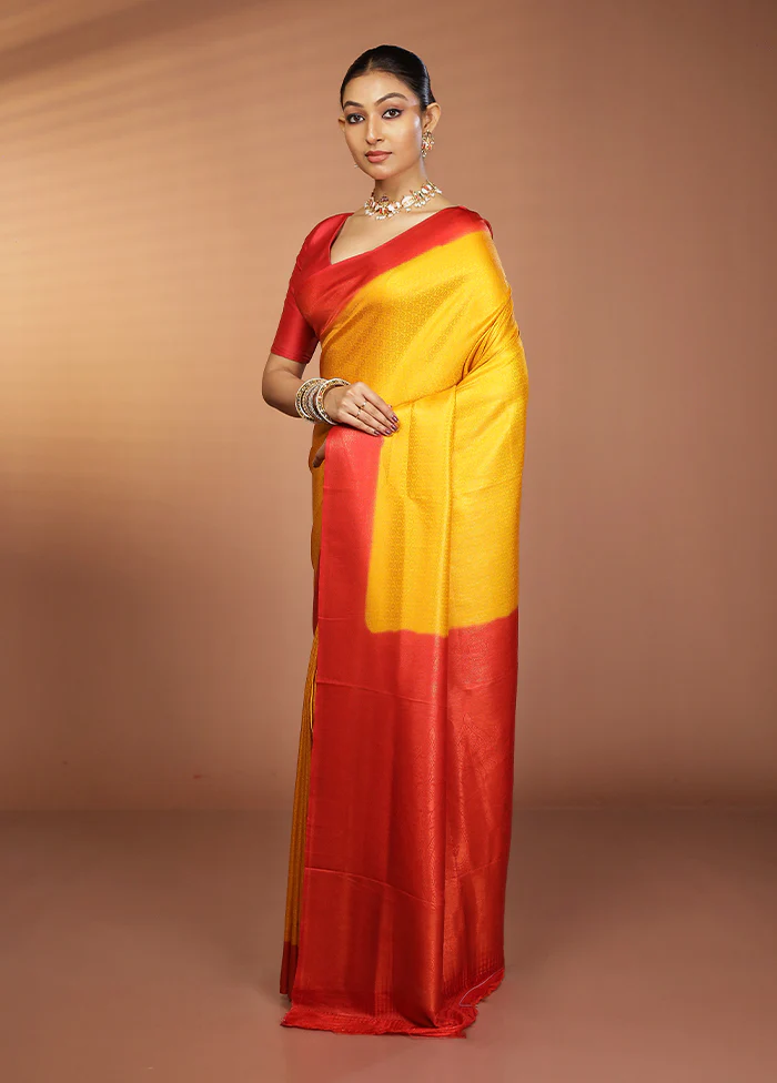 Yellow Dupion Silk Saree With Blouse Piece - Image 4