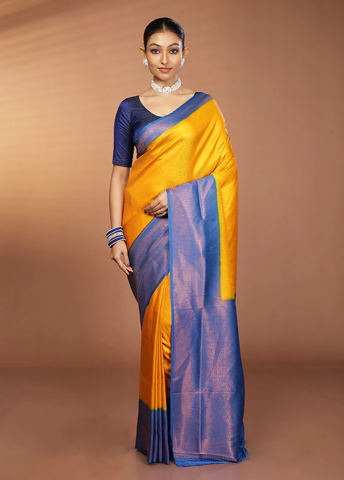Yellow Dupion Silk Saree With Blouse Piece - Image 2