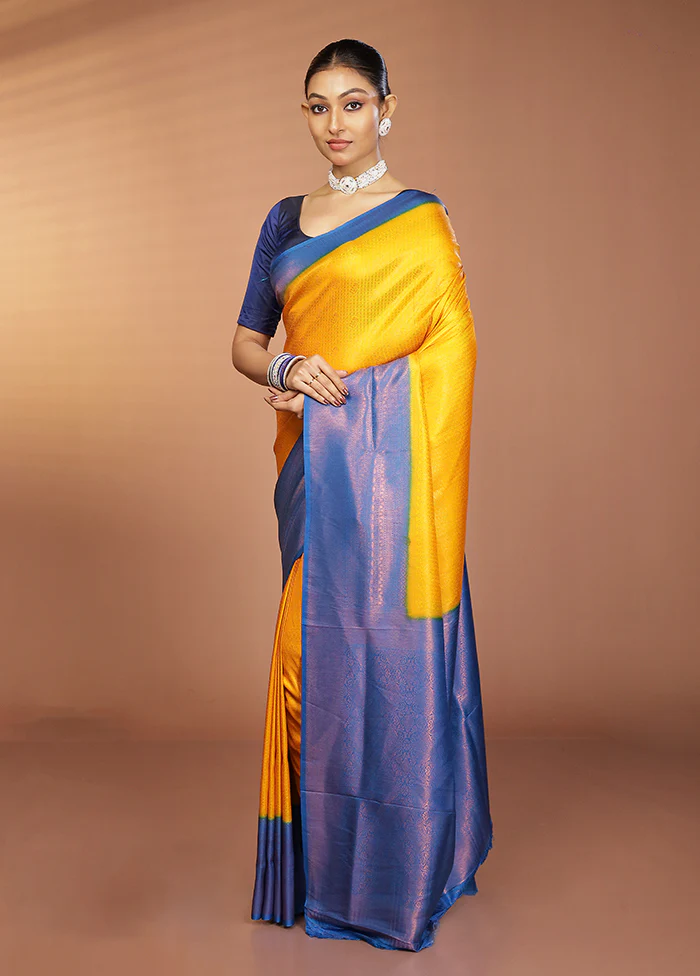 Yellow Dupion Silk Saree With Blouse Piece - Image 4