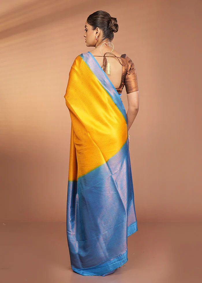 Yellow Dupion Silk Saree With Blouse Piece - Image 3