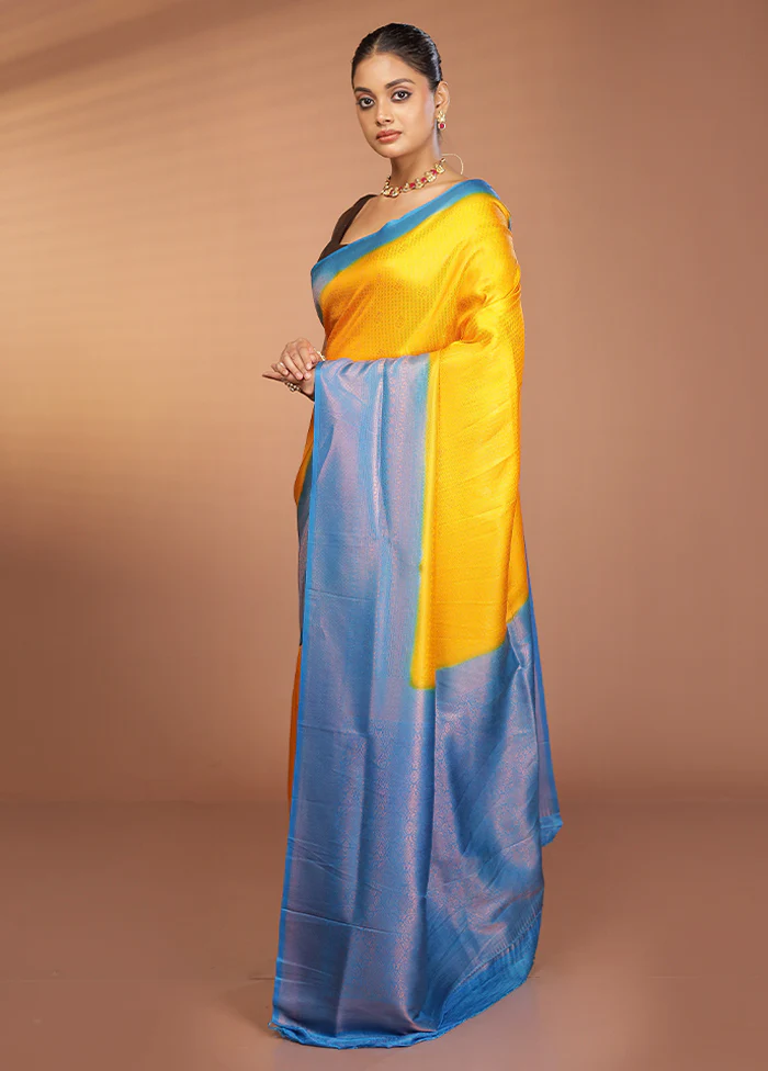 Yellow Dupion Silk Saree With Blouse Piece - Image 4